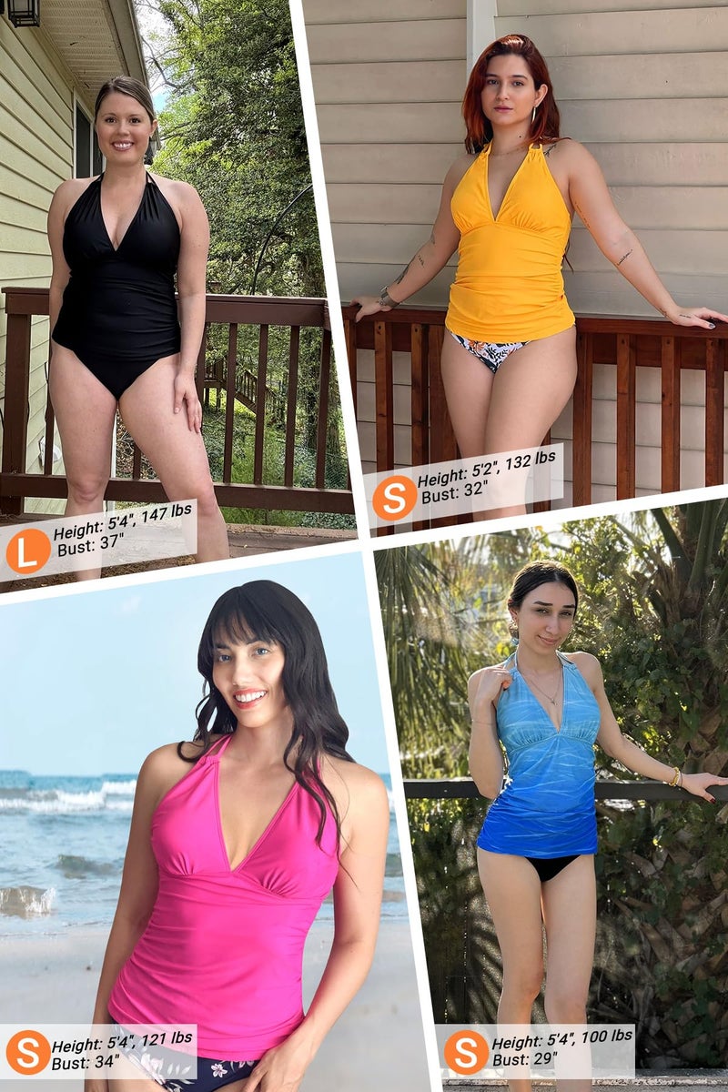 Yonique Womens Two Piece Swimsuits Yellow Tummy Control Tankini Plus Size Bathing Suit Halter V Neck Swimwear XL - Image 5